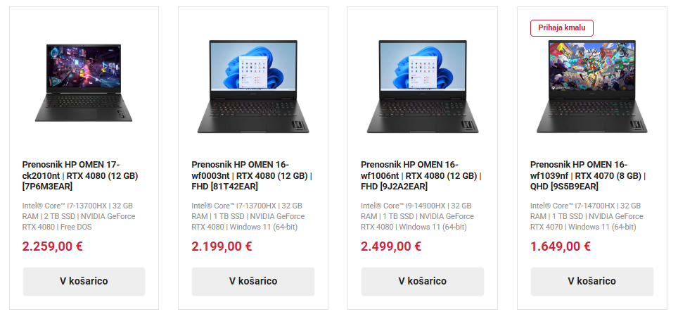 Slika screenshot gaming kategorije s 4 gaming prenosniki klik na sliko odpre kategorijo